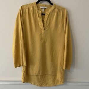 Ellen Tracy 100% Linen Popover Tunic Top Mustard Size S Resort Boho Lagenlook